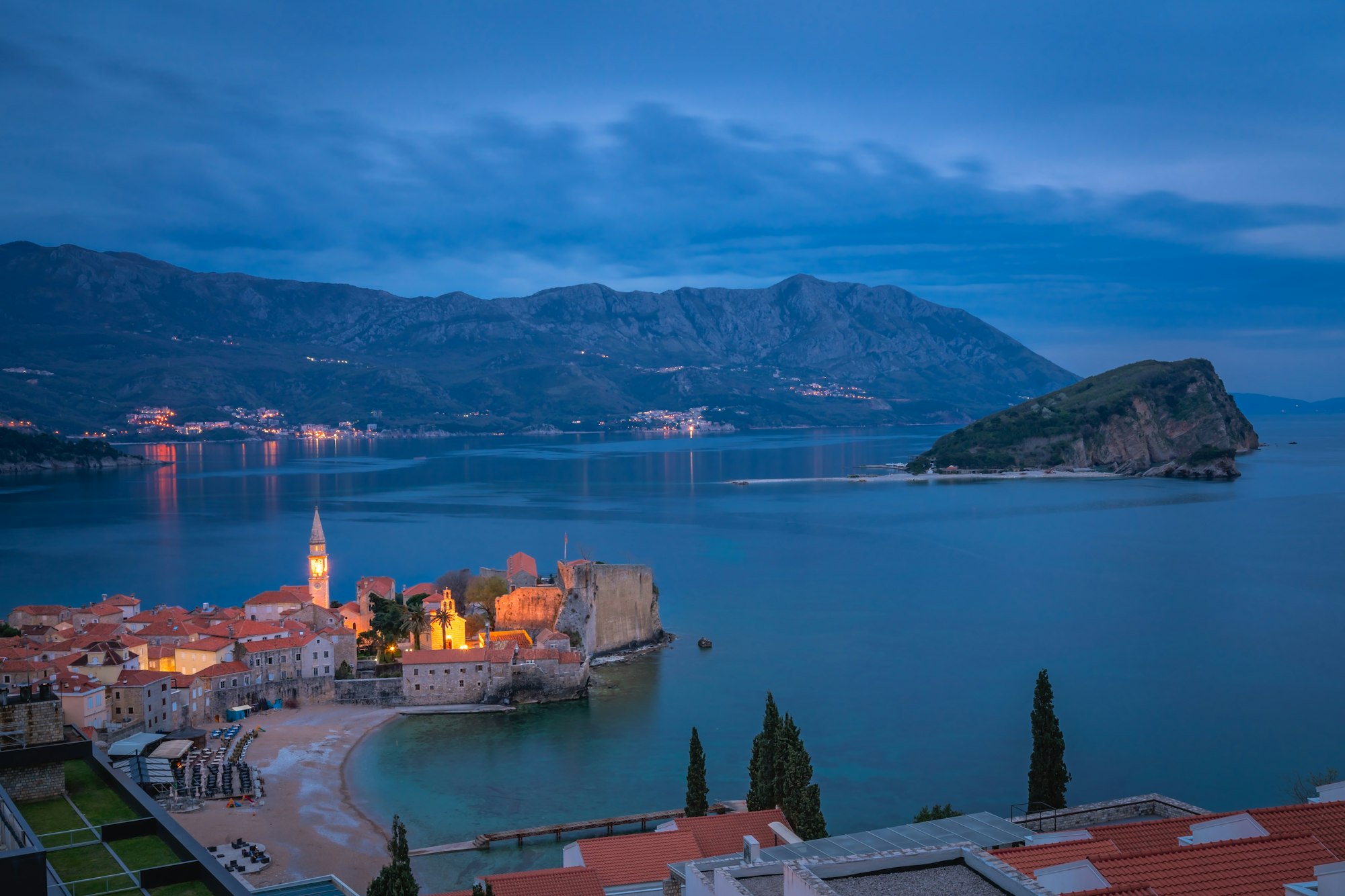 Dusk over Budva town and bay